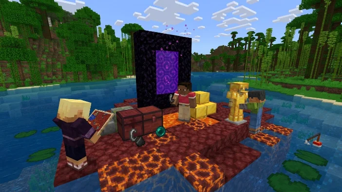 Minecraft multiplayer scene showing characters preparing to enter the Nether through an obsidian portal surrounded by water and lush jungle trees.