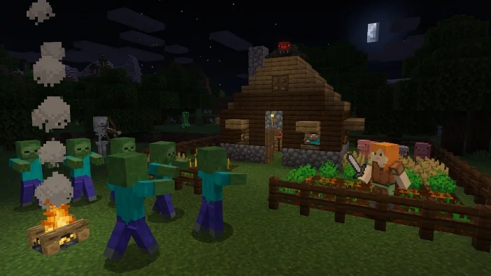 Minecraft nighttime base defense with zombies, skeletons, a wooden house, and a fenced crop farm under a full moon.
