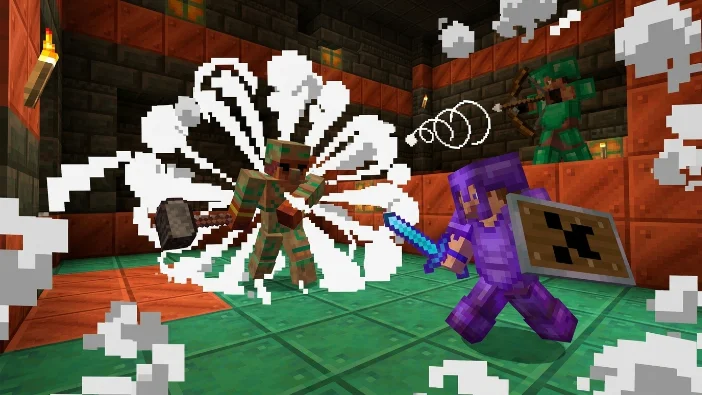 Minecraft player in full Netherite armor fighting a Wind Charge-wielding Breeze mob inside a Trial Chamber, with an Ominous Vault and copper blocks in the background.