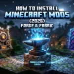 Minecraft mod installation guide featuring Forge gears and Fabric logo with an anvil.