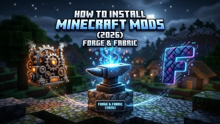 Minecraft mod installation guide featuring Forge gears and Fabric logo with an anvil.