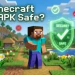Minecraft character standing in a village with green checkmarks and red warning signs around him, next to a glowing shield labeled 'SECURE? SAFE?' — illustrating safety risks and precautions when downloading Minecraft Mod APKs in 2026
