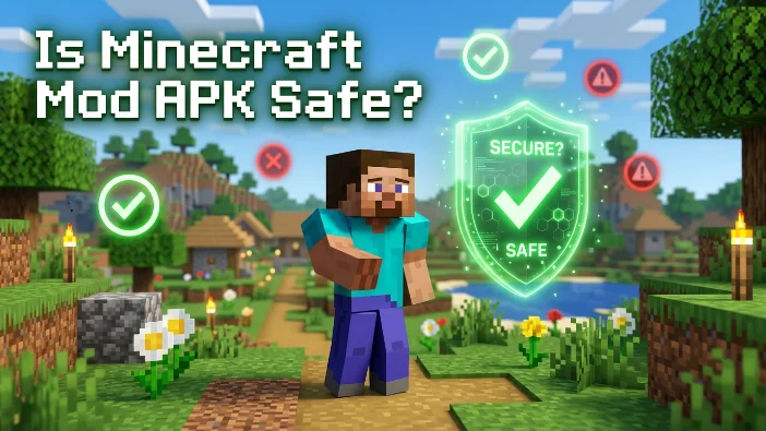 Minecraft character standing in a village with green checkmarks and red warning signs around him, next to a glowing shield labeled 'SECURE? SAFE?' — illustrating safety risks and precautions when downloading Minecraft Mod APKs in 2026
