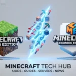 Minecraft Java vs Bedrock Edition modding comparison with tech icons.