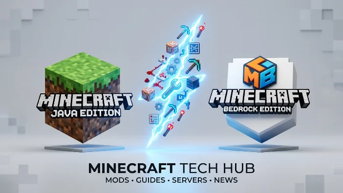 Minecraft Java vs Bedrock Edition modding comparison with tech icons.