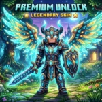 Minecraft Mod APK Premium Unlock featuring a character in glowing blue legendary angel armor with wings, holding a sword and shield in an enchanted forest path, representing unlimited resources and exclusive skins for 2026.