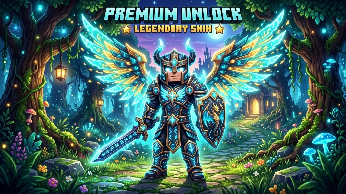 Minecraft Mod APK Premium Unlock featuring a character in glowing blue legendary angel armor with wings, holding a sword and shield in an enchanted forest path, representing unlimited resources and exclusive skins for 2026.