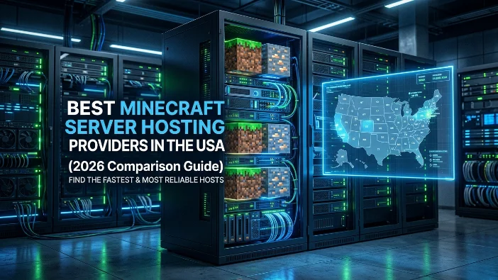 Minecraft server hosting comparison showing US data centers and server racks for 2026 guide.