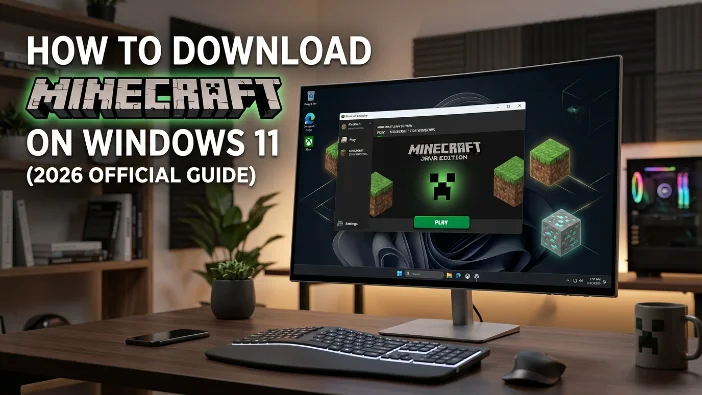 Minecraft Java Edition launcher on Windows 11 desktop showing official download guide.