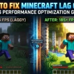 Minecraft PC lag fix comparison showing FPS boost from 14 to 185+ after performance optimization.