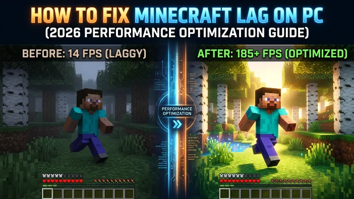 Minecraft PC lag fix comparison showing FPS boost from 14 to 185+ after performance optimization.
