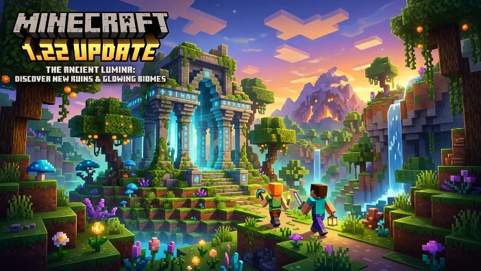 Minecraft 1.22 Ancient Lumina update showing new glowing ruins and biomes with players exploring.
