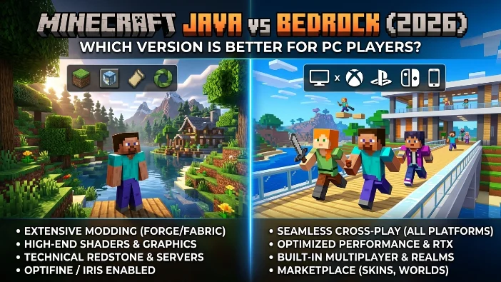 Minecraft Java vs Bedrock comparison showing modding features and cross-play capabilities for PC players.