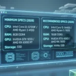 Minecraft 2026 PC system requirements showing minimum and recommended CPU, RAM, GPU, and storage specs.