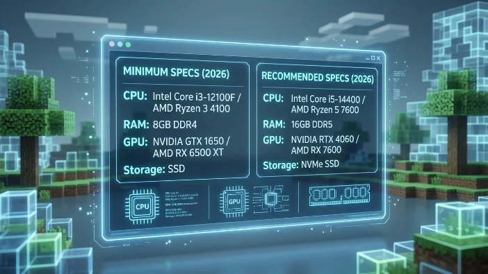 Minecraft 2026 PC system requirements showing minimum and recommended CPU, RAM, GPU, and storage specs.